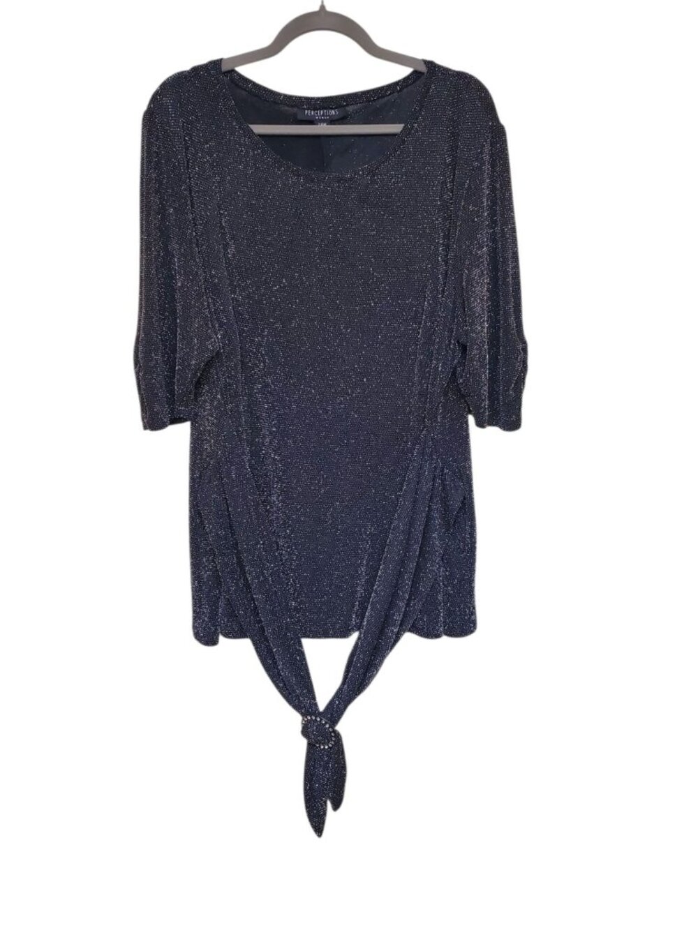 Perceptions Woman's Black Silver Sparkle Formal Belted Party Blouse Plus 24W